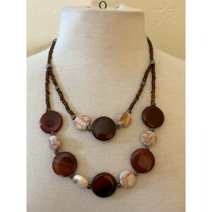 Vintage Boho Double Strand‎ Earthy Brown Marbled Disc Sun Pendant Necklace